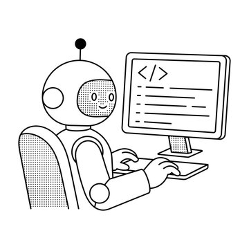 A humanoid robot operates a computer displaying code, illustrating robot programming, software control, automation development, and technical engineering work.