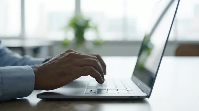 Typing on laptop keyboard in bright modern office, close-up of hands working on computer for business communication and remote work