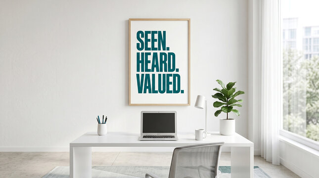 A framed motivational poster hanging on a white wall above a modern home office desk with framed poster motivational text hangs above clean desk with desk