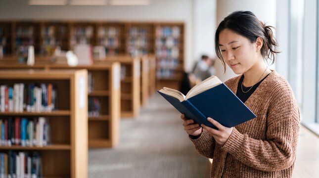 Young asian female student reading an open hardcover book near library bookshelf. Undergraduate researcher studying literature while striving for academic excellence.