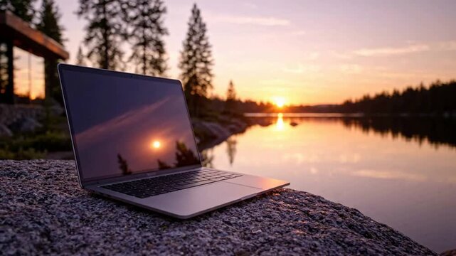 Laptop computer on rocky shore at sunset, remote work and digital nomad lifestyle concept, peaceful nature background, with reflection