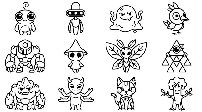 Cute Cartoon Monster and Robot Line Art Character Set
