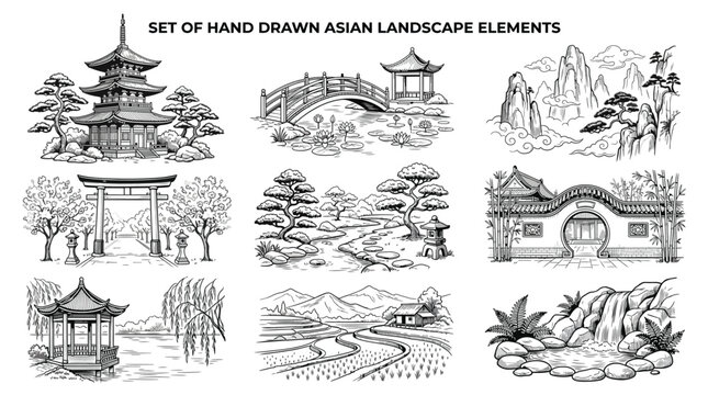 Set of hand drawn asian landscape elements, including pagoda, torii gate, traditional bridge, mountains, bamboo garden, pavilion, rice terraces and waterfall