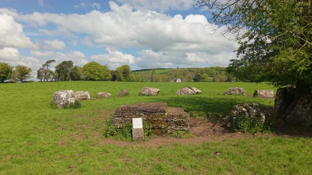 Stone Circle By The Green Fields In Daytime In Lough Gur, County Limerick, Ireland. - aerial shot