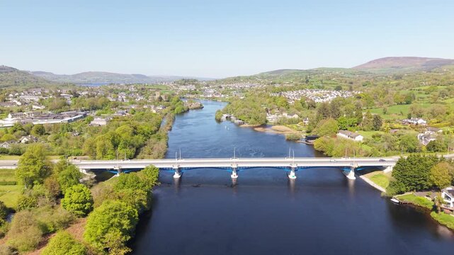 Brian Boru Bridge Over River Shannon To Connect Killaloe In County Clare And Ballina In County Tipperary, Ireland. - aerial shot