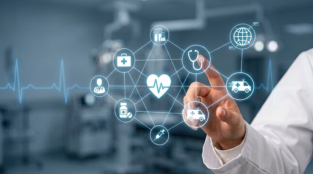 Doctor touching digital healthcare icons and medical network interface