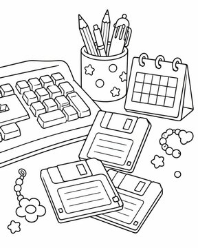 Coloring page inspired by 90s nostalgia showcasing retro gadgets and childhood memories perfect for easy printing