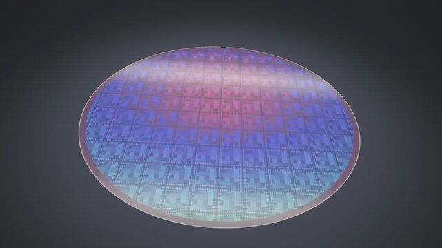 Silicon wafer with microchip dies and iridescent oxide film, semiconductor technology background, seamless loop
