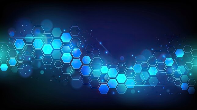 Abstract technology background with glowing blue hexagonal pattern and digital data light