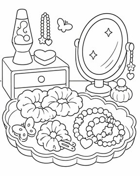 Coloring page inspired by the 90s showcasing retro accessories and vintage items for enjoyable and easy coloring activities