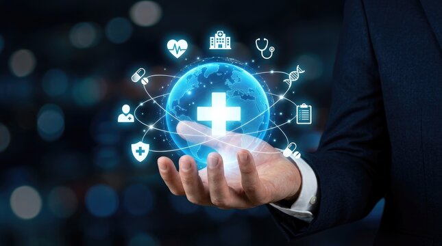 Businessman holding digital globe with healthcare technology icons