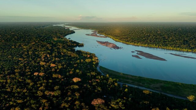 Golden hour sunlight illuminating the vast amazon river winding through the dense tropical rainforest, rising shot