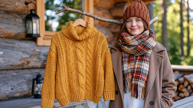 Cozy autumn clothes hanging from wooden hangers on a balcony drying rack, soft gray sweater, brown cardigan and wool scarf, apartment building courtyard in the background, cloudy autumn sky, gentle 