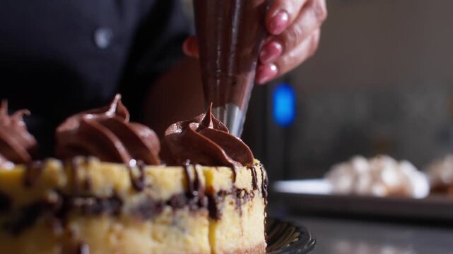 Chocolate cream is piped onto a glazed cake with dark drizzle during dessert decoration