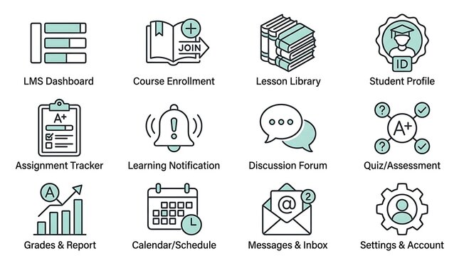 LMS and E-learning Platform Icon Set for Digital Education