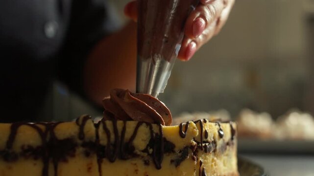 Chocolate cream piped onto a glazed cake decorated with dark chocolate marbled cheesecake dessert, drizzle in close-up