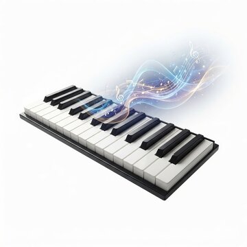 Futuristic piano keyboard with ethereal musical notes floating in light with evoking creativity innovation minimalist modern keyboard glowing