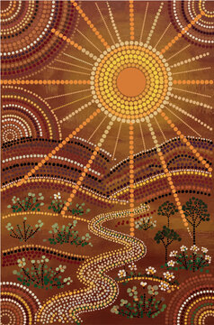 Aboriginal Dot Painting Landscape with Rising Sun, Nature concept artwork.