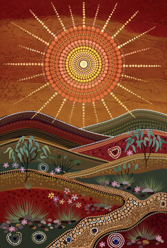 Aboriginal Inspired Dot Painting Landscape with Radiant Sun.