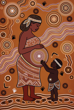 Aboriginal-Inspired Illustration of a Mother and Child with Traditional Dot Painting