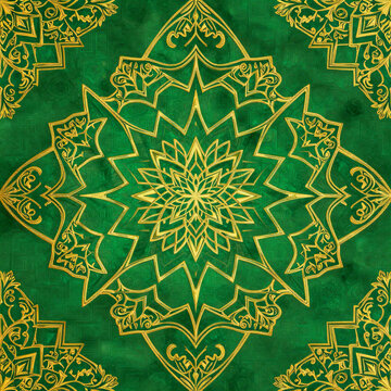 Seamless Islamic arabesque geometric pattern in emerald green and gold