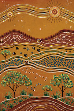 Aboriginal-Inspired Outback Landscape with Traditional Dot Patterns, Native Trees and Rolling Desert Hills