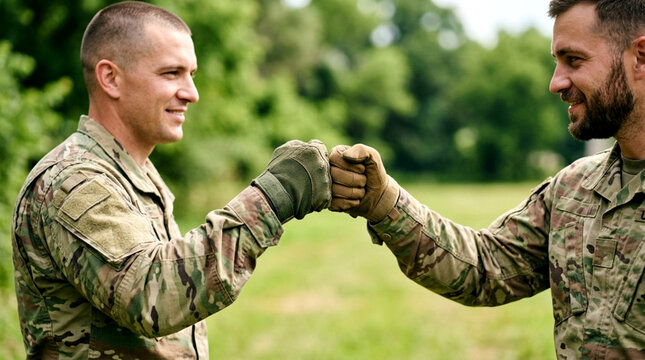 Two soldiers in camouflage uniform fist bumping outdoors in a grassy field