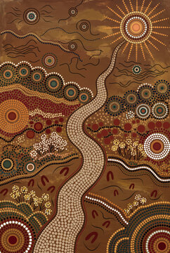 Aboriginal-Inspired Desert Landscape with Winding River, Sacred Circles and Traditional Dot Painting Patterns