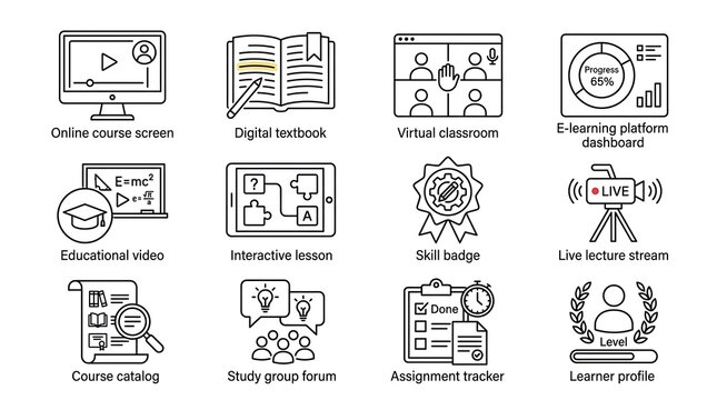 E-Learning and Online Education Vector Line Icon Set