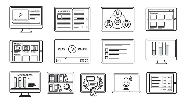 Online Education and E-Learning Line Icon Set