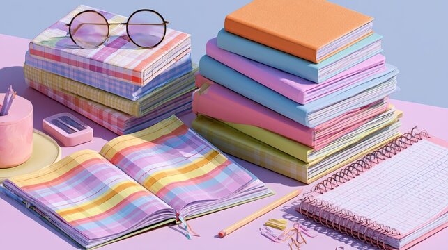 Stack of colorful notebooks with stylish round glasses on pastel purple desk for students.