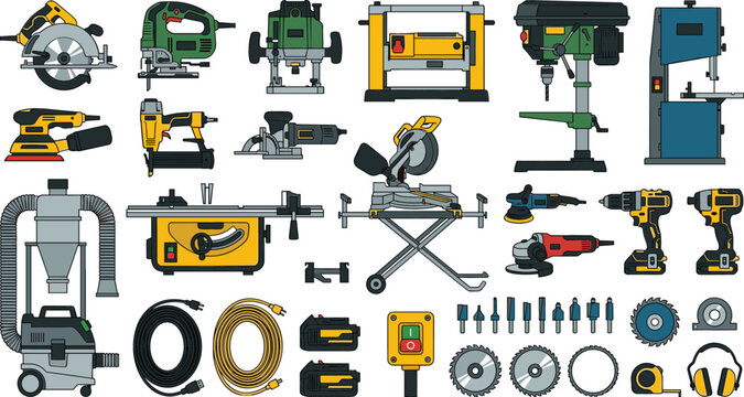 Professional woodworking power tool collection featuring circular saws, jigsaws, routers, drills, sanders, planers, grinders, and accessories