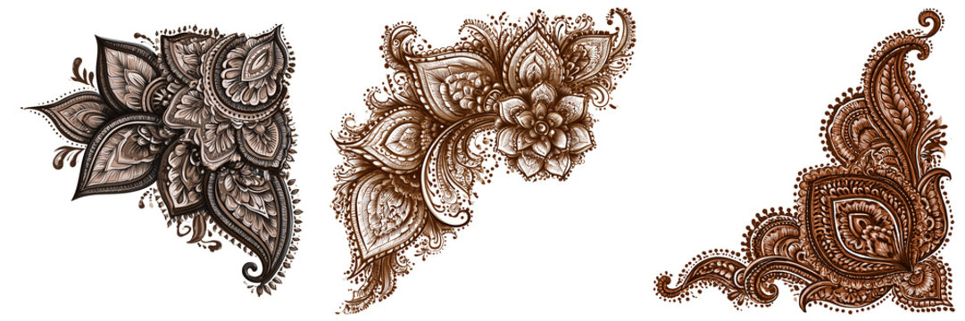 Set of Artistic henna tattoo pattern with intricate paisley shapes, floral motifs, fine dots, and decorative curves on transparent png background. Ai generated