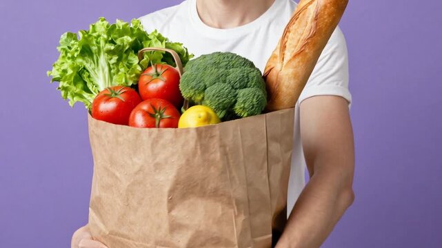 Person holding paper grocery bag full of fresh vegetables and bread on purple background. Hands with shopping bag of tomatoes, lettuce and broccoli. Healthy food delivery