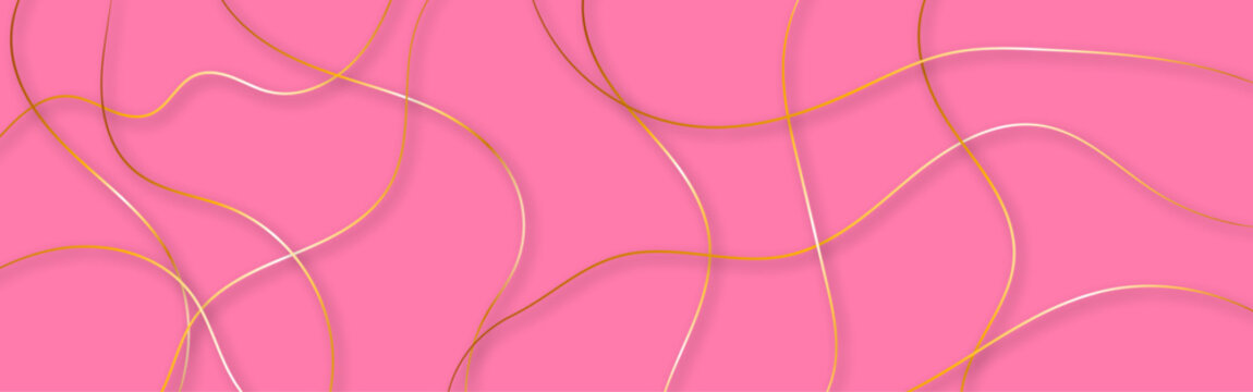 Abstract Pink Background with Elegant Curved Golden Line Pattern. Modern Pink Wavy Line Background with Minimal Luxury Aesthetic.