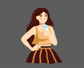 Woman Drinking Glass of Cold Water. Refreshment, Cooling Down and Summer Hydration Concept. Flat Vector Illustration.