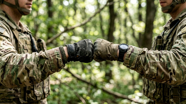 Soldiers Fist Bump in Forest, Camouflage Uniforms, Teamwork Concept