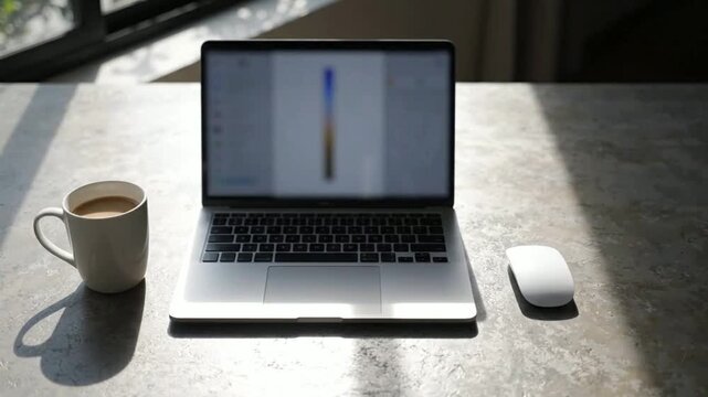 Modern laptop workspace with coffee cup and wireless mouse on desk for remote work and business productivity concept