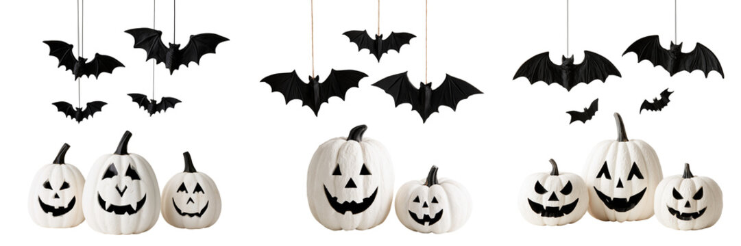 Set of Elegant Halloween pumpkin and ghost decorative centerpiece with autumn foliage and fallen leaves on transparent png background. Ai generated