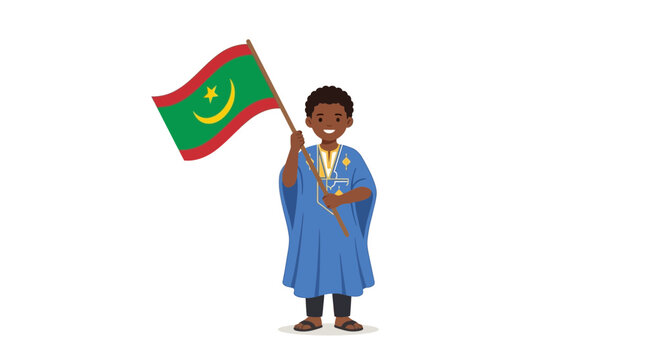 Mauritanian boy in traditional boubou holding the national flag of Mauritania
