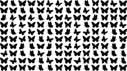 Fototapeta premium Massive collection of black butterfly silhouettes in various shapes and flying poses for decorative nature design.