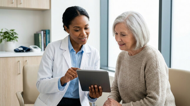 Doctor showing tablet to elderly patient in medical office, healthcare consultation