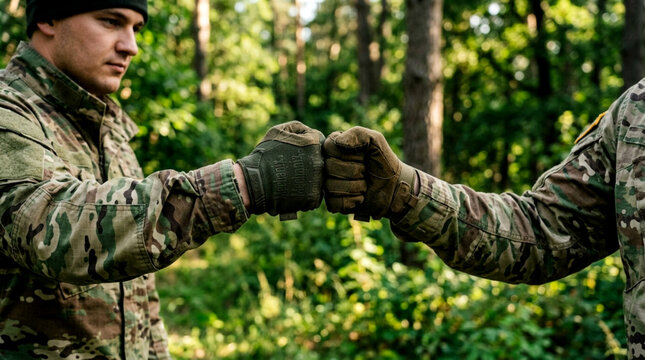 Soldiers' Fist Bump in Forest - Unity, Teamwork, Military Support