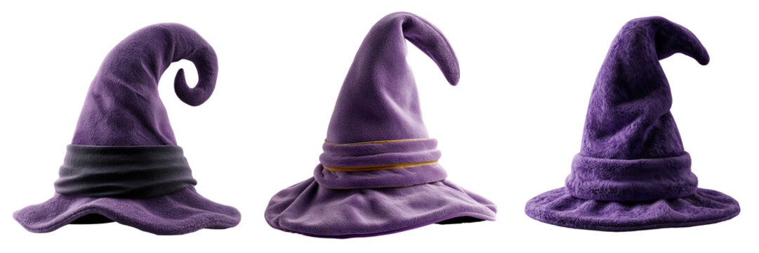 Set of Purple felt witch hat with an exaggerated pointed tip and gently curled brim, playful Halloween accessory design on transparent png background. Ai generated