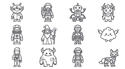 Naklejka premium Character Line Art Vector Set for Coloring and Design