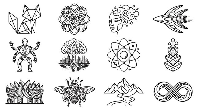 Modern Line Art Icon Set for Technology and Nature Themes