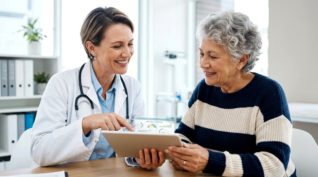 Doctor explains tablet screen to senior woman patient in medical office