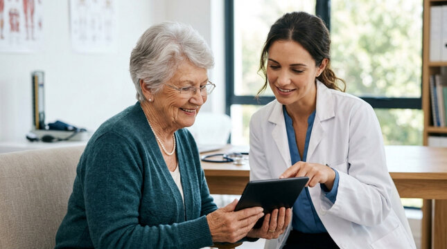 Doctor Showing Medical Information on Tablet to Elderly Patient in Clinic