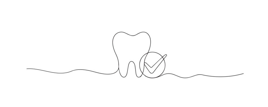 Single line drawing of a tooth with a check mark. Continuous line drawing combining a healthy tooth and check symbol. Representing dental approval, oral health, and successful treatment.