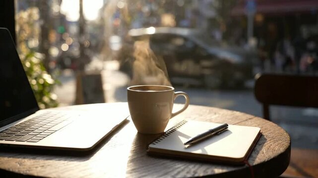 Steaming cup of coffee with laptop and notebook on outdoor cafe table at sunset for remote work and freelance lifestyle concept